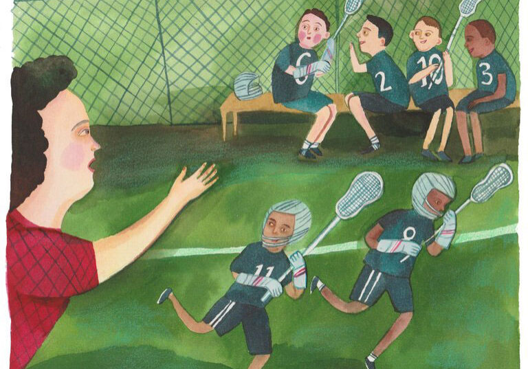 A painting of people playing hockey